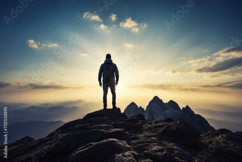 silhouette of person standing on top of mountain, man conquers the challenging peaks, embracing the victory and reaching the majestic summit of the snow-clad mountains, snowy ascent photo