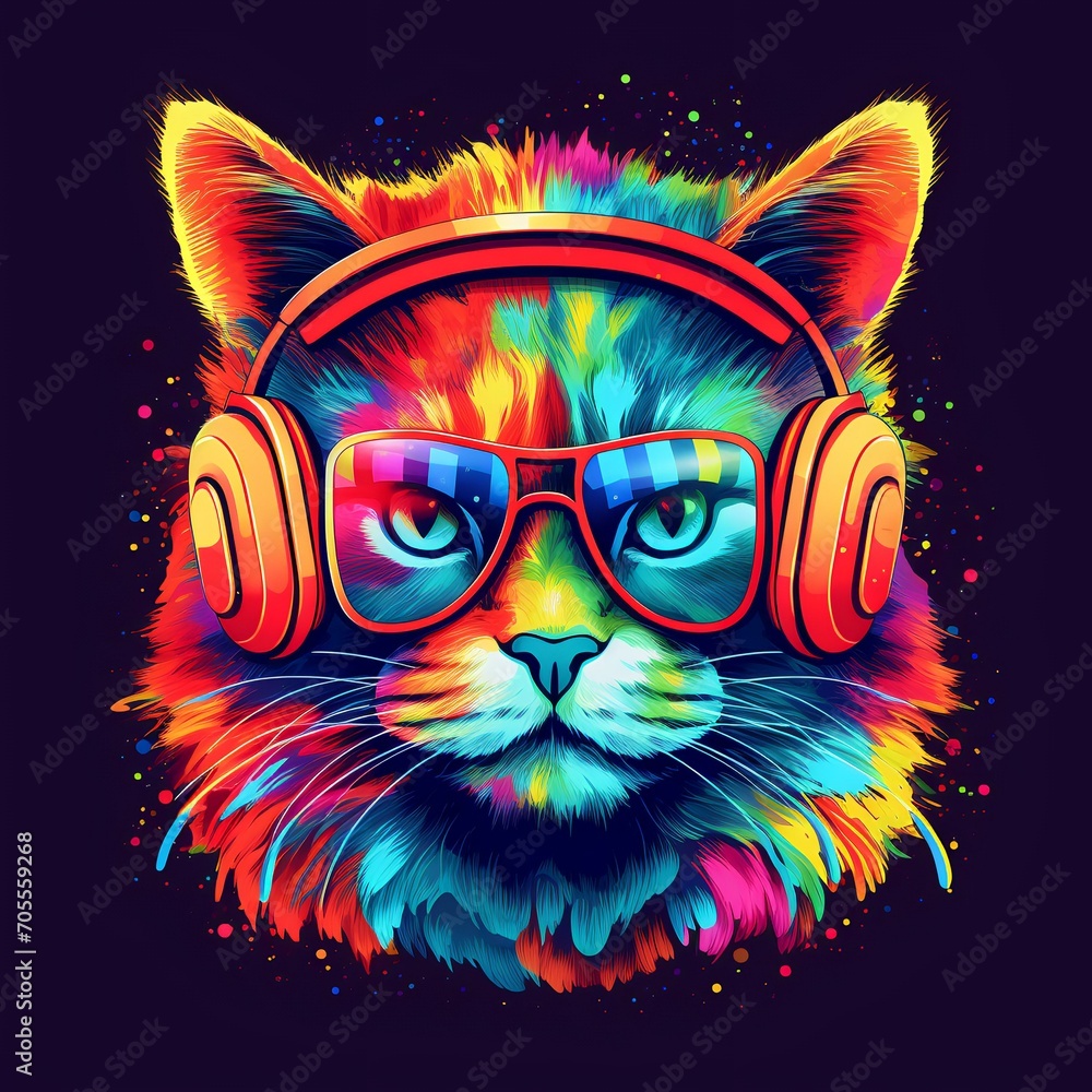 Music Cat with Colorful Sunglasses and Headphones

