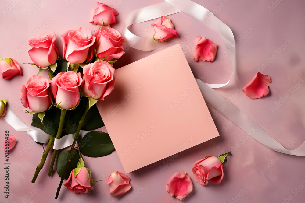 Postcard with a blank sheet surrounded by rose flowers on a pink background, template for congratulations on March 8, Valentine's Day or birthday Postcard with a blank sheet surrounded by rose flowers on a pink background, template for congratulations on March 8, Valentine's Day or birthday