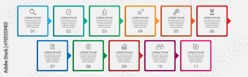 infographic business design 11 parts or steps, there are icons, text and numbers, square designs and thin colored lines that are interconnected for your diagram, banner and business workflow