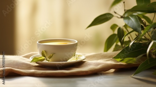 Peaceful tea cup surrounded by green leaves in a serene morning light setting.
