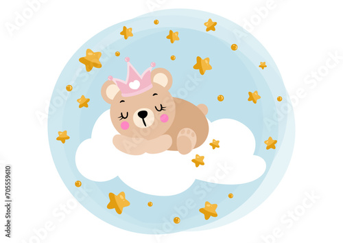 Round illustration sweet dreams with princess teddy bear prince sleeping on cloud