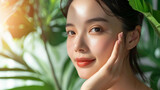High-quality crop photo of skincare and cosmetics concept with copy space for text. Woman with beautiful face touching healthy facial skin portrait.  Made with generative ai