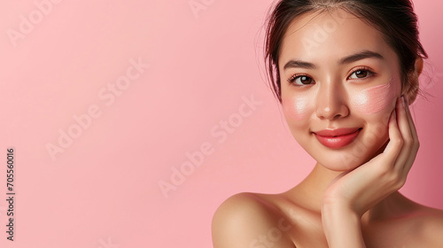 High-quality crop photo of skincare and cosmetics concept with copy space for text. Woman with beautiful face touching healthy facial skin portrait.  Made with generative ai