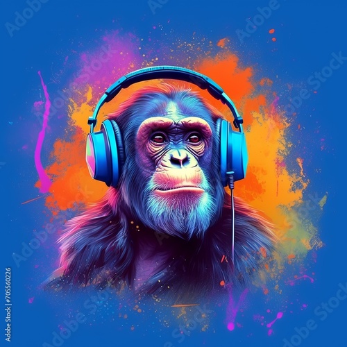 Portrait of a Monkey with Headphones on a Colorful Background