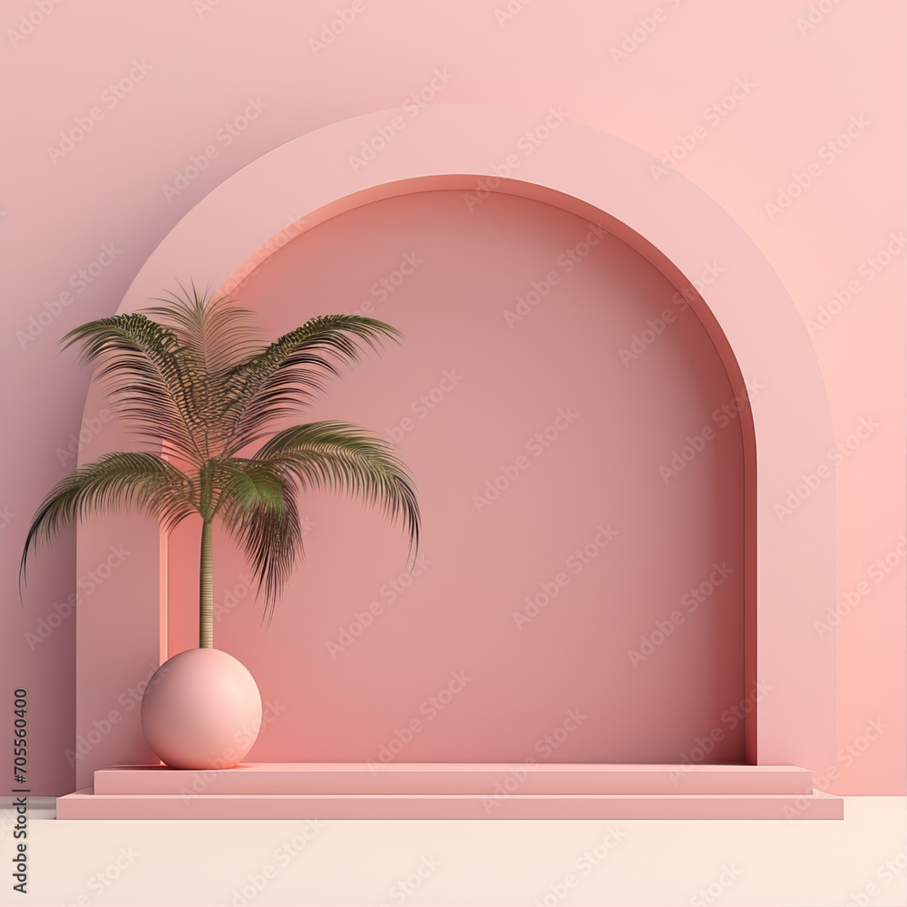Beautiful, attractive 3D background for your product. Mock-up, template. Podium with an arch and two palm trees on the sides
Beautiful, attractive 3D background for your product. Mock-up, template. Podium with an arch and two palm trees on the sides