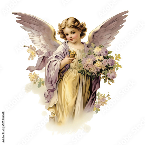 Retro watercolor drawing of an angel holding flowers on a white background
