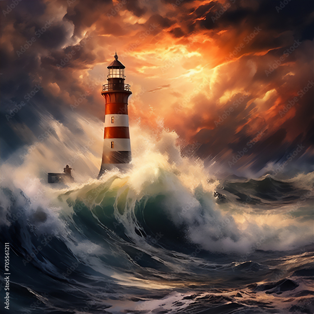 lighthouse in the storm at sunset