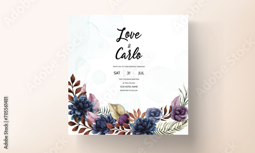 Elegant wedding card template with classic blue flower and leaves