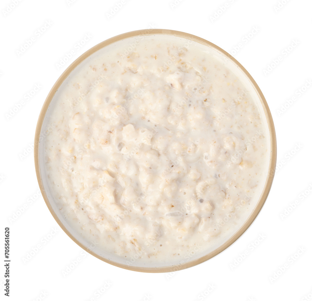 Tasty boiled oatmeal in bowl isolated on white, top view Tasty boiled oatmeal in bowl isolated on white, top view