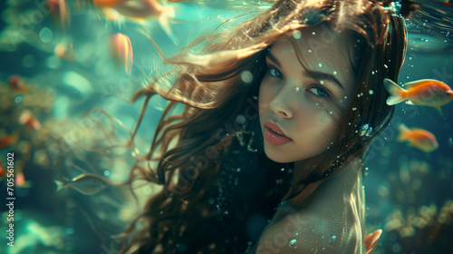 portrait of a young beautiful mermaid underwater