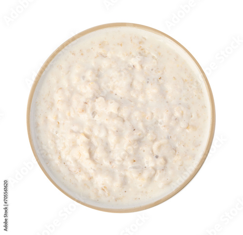 Tasty boiled oatmeal in bowl isolated on white, top view