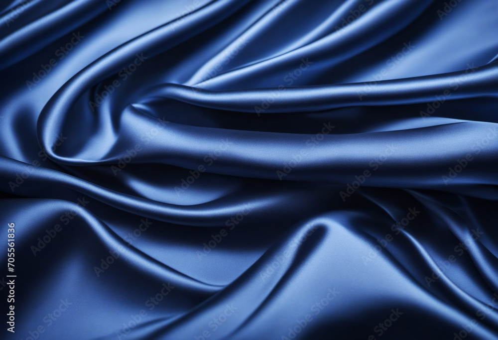 Obraz premium Deep blue silk satin fabric. Elegant abstract background. Liquid wave effect or silk with soft wavy folds. Beautiful navy blue fabric background with copy space for your design.