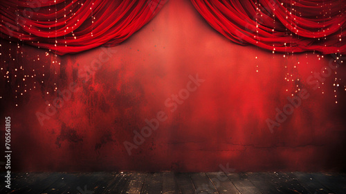 Classic banner with red theater curtains. Award ceremony background. Modern dark background with copy space. Generative AI	 photo