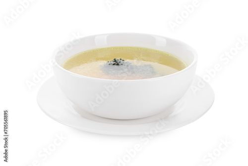 Tasty soup in bowl isolated on white