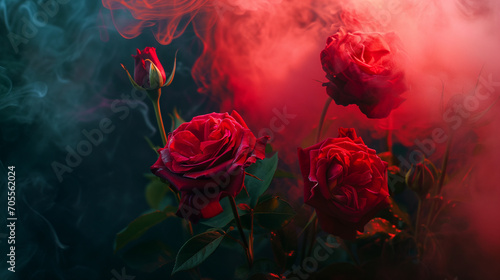 Close up shot of red garden roses with red smoke, festive greeting card