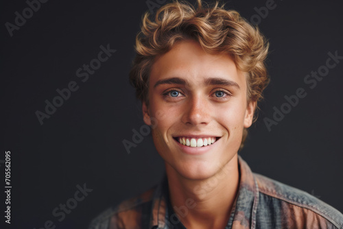 A bright and engaging studio portrait of a young white American male model, showcasing a joyful smile with perfect teeth, casual yet stylish attire