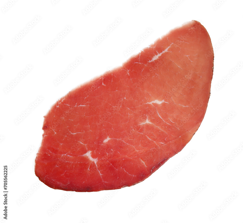 Slice of tasty bresaola isolated on white, top view Slice of tasty bresaola isolated on white, top view
