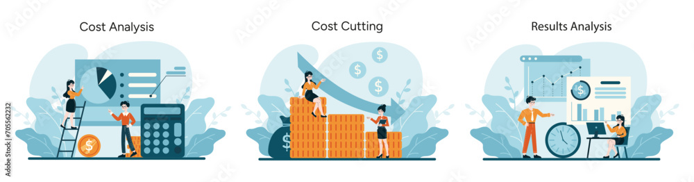 Cost Optimization analysis set. Detailed financial review, targeted expense reduction, comprehensive performance evaluation. Flat vector illustration - obrazy, fototapety, plakaty 