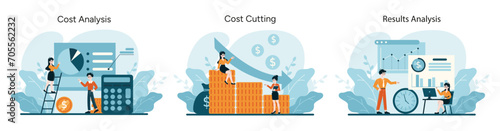 Cost Optimization analysis set. Detailed financial review, targeted expense reduction, comprehensive performance evaluation. Flat vector illustration