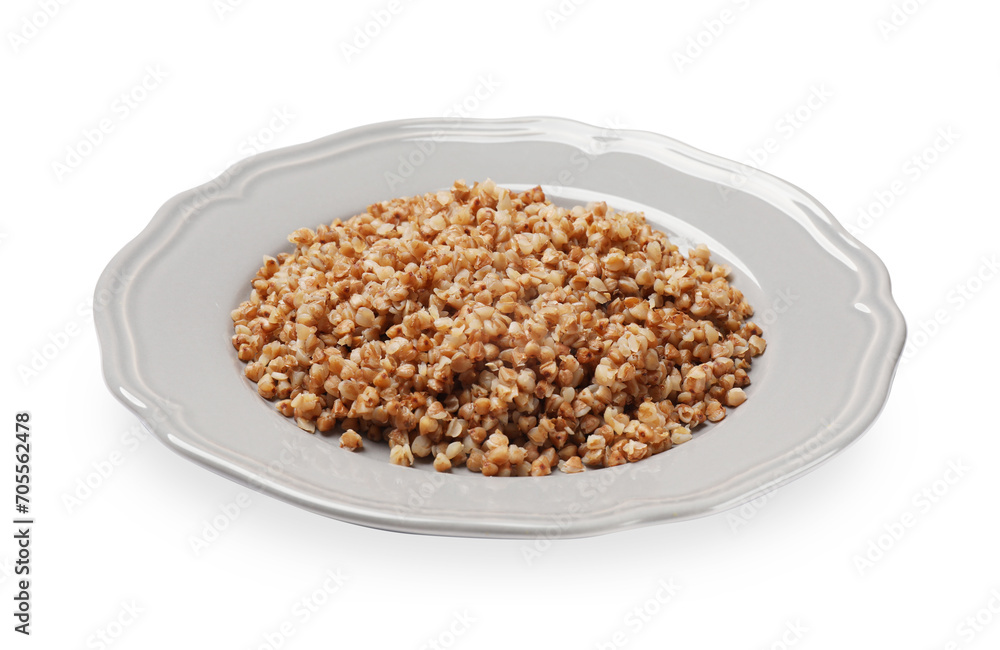 Plate with tasty buckwheat isolated on white Plate with tasty buckwheat isolated on white