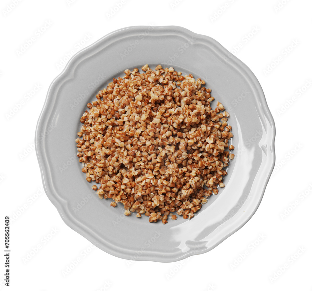 Plate with tasty buckwheat isolated on white, top view Plate with tasty buckwheat isolated on white, top view