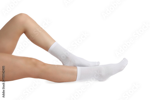 Woman in stylish socks on white background, closeup