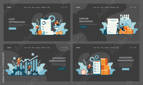 Web banner set for Cost Optimization. Features strategic financial tactics, effective supplier deals, and smart inventory management. Flat vector illustration