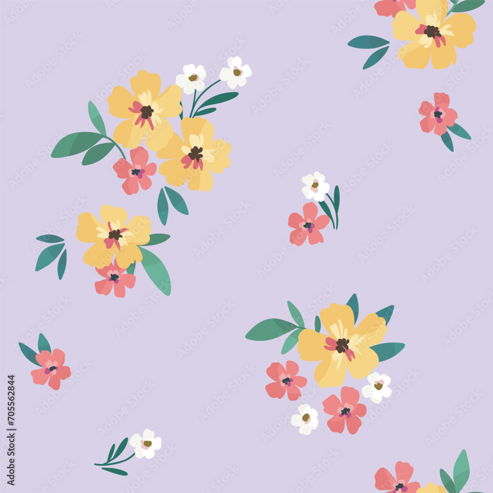 Seamless floral pattern, liberty ditsy print of small cute flowers. Pretty simple botanical design for textile, wallpaper, any surface: small hand drawn flowers, tiny bouquets on blue. Vector tile.