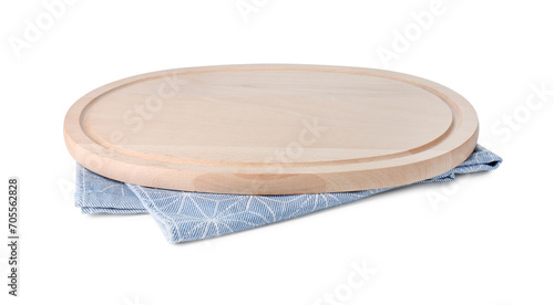 Wooden cutting board and kitchen towel isolated on white