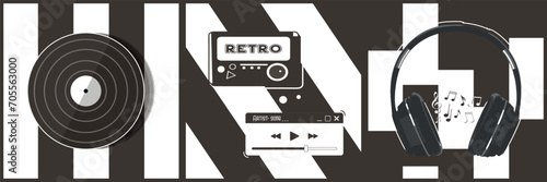Set of modern creative clip art with retro devices, turntable, vinyl, headset, headphones, Vintage concept. Flat design, black and white design