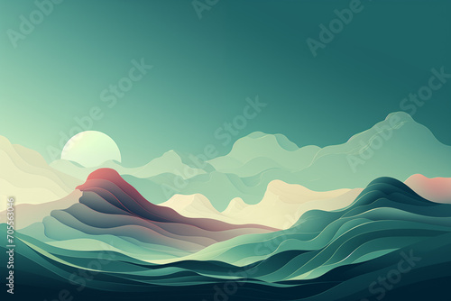 Minimal green textured landscape mountain background with moon. 3D render of modern wallpaper desing