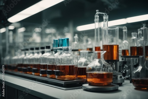 There are many glass flasks with various liquid contents in a modern research laboratory. Science, Chemistry, Medicine, microbiology, biotechnology, biochemistry concepts.