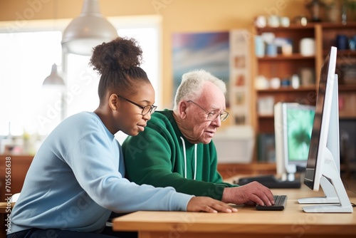 young adult helping a senior with computer skills on a desktop