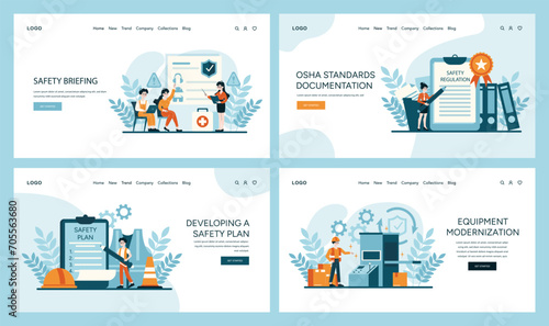 OSHA website set. Featuring safety briefings, standards documentation, and safety plan development. Highlighting equipment modernization for compliance. Flat vector illustration
