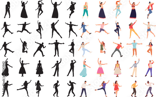 dancing people set, silhouette on white background, vector