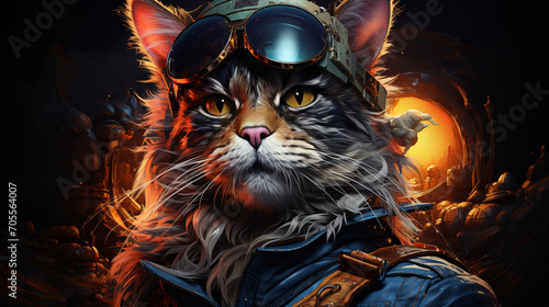 Stylish shiny cat action,Neon colors With vintage pirate style background