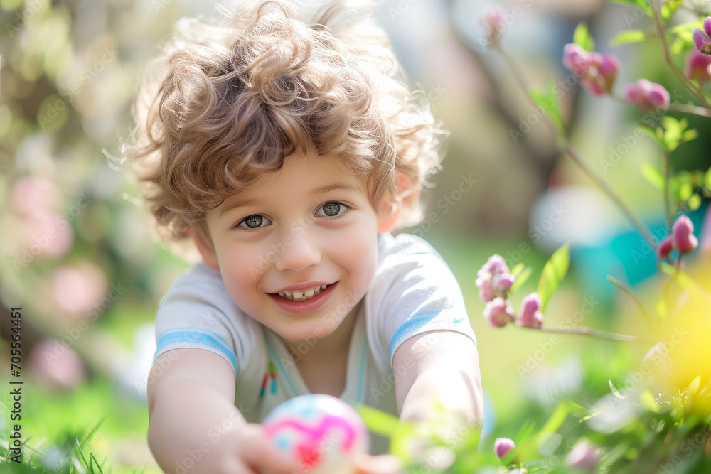 little child found easter eggs in the garden at sunny day little child found easter eggs in the garden at sunny day