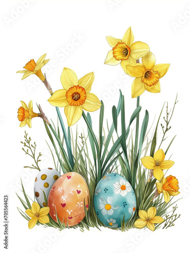 watercolor image of easter eggs with daffodils flowers isolated on white background.