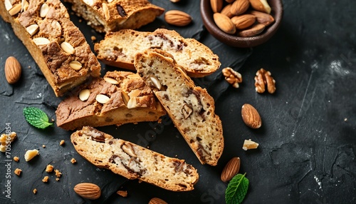 italian cantuccini cookies, Close-up view of traditional Italian biscotti almond cookies, top view photo