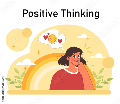 Positive psychology. Positive thinking and attitude. Optimistic mindset, self acceptance and well-being. Young woman working on her mental health. Flat vector illustration