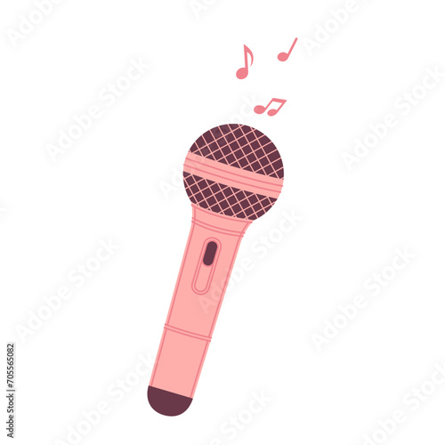 Wireless pink microphone for singing with musical notes on white background