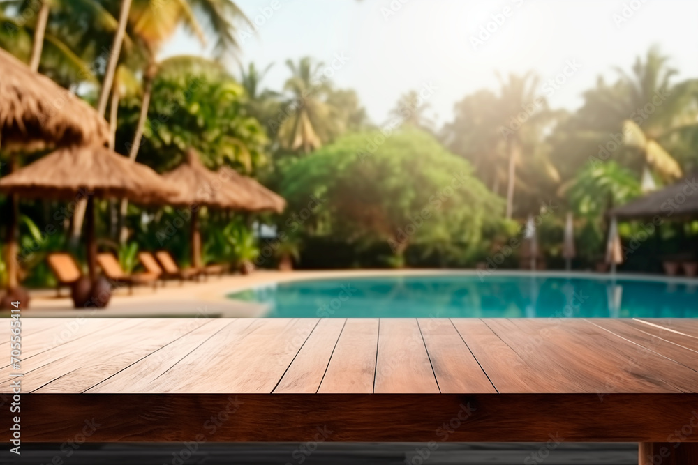 Product display empty wooden table in front pool bar background