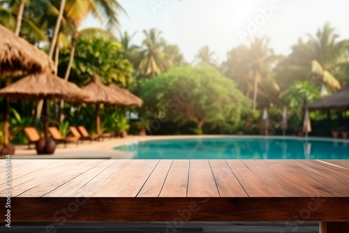 Product display empty wooden table in front pool bar background