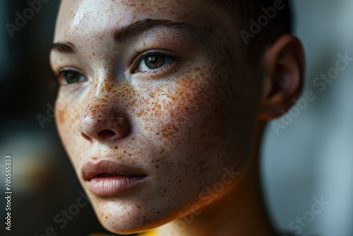 Close-up portrait of a Caucasian girl with freckles, beautiful brown-haired