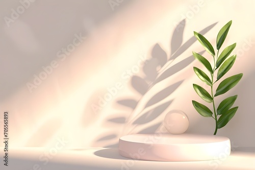  White podium with palm leaves for the presentation of products on a delicate