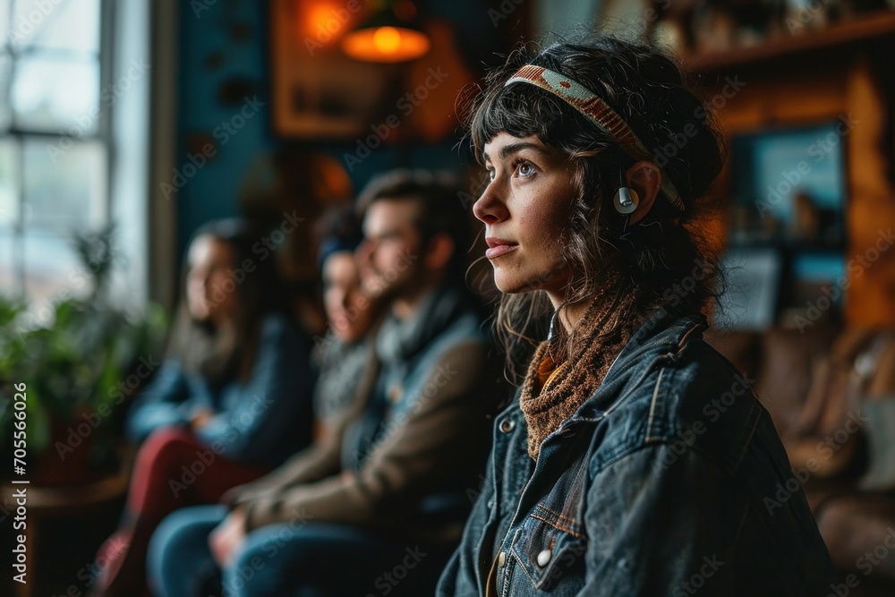 Close-up of a girl with a hearing aid wearing a skeeter and denim jacket, sitting in a cozy boho setting with a group of friends