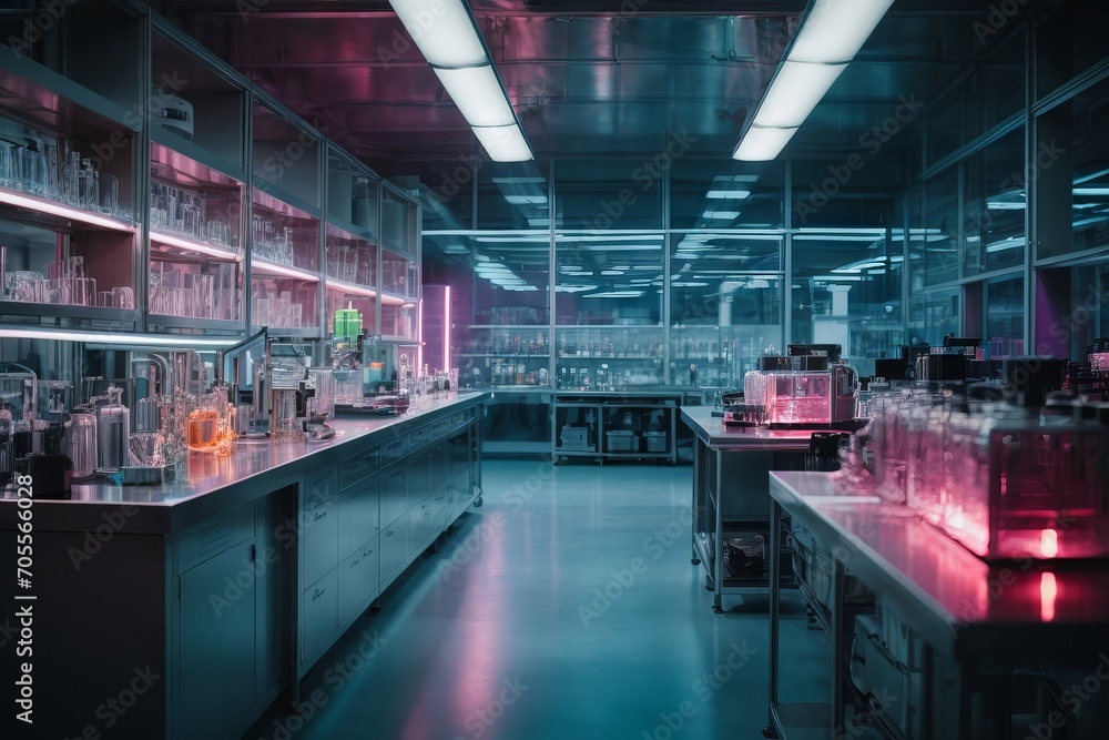 There is a large high-tech research laboratory with glass flasks, instruments, microscopes. Science, medicine, microbiology, biotechnology, biochemistry concepts.