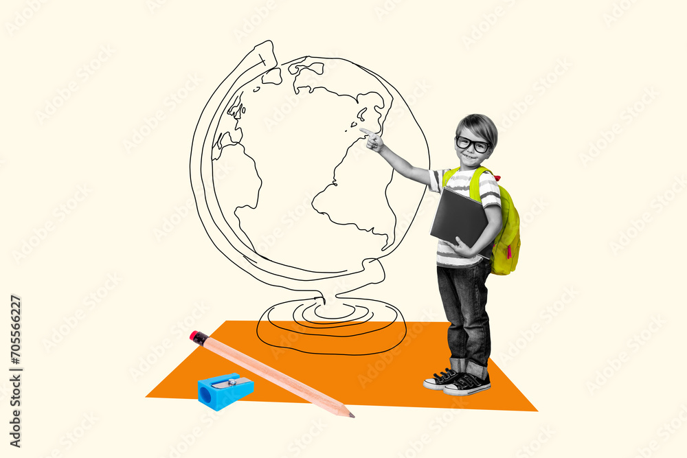 Horizontal photo collage of junior school boy hold book carry backpack point at giant earth drawn globe isolated on beige background Horizontal photo collage of junior school boy hold book carry backpack point at giant earth drawn globe isolated on beige background