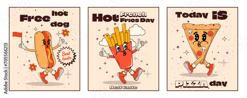 Set of food posters in retro style. Groovy hot dog, fries, pizza walk. Poster for display and printing. Vector stock illustration. Psychedelic style. Y2k. Hippie. Fast food mascot. Street food. 